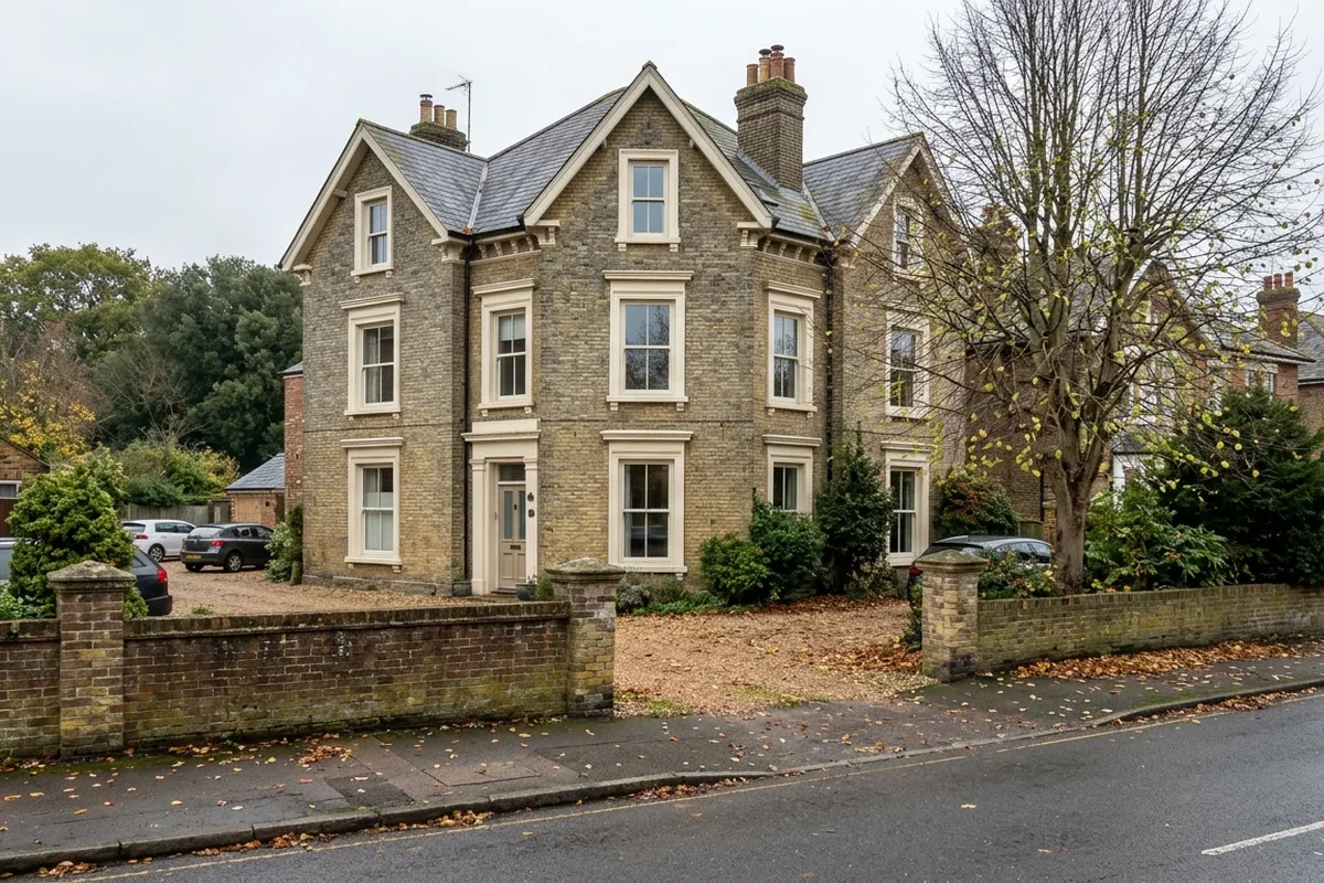 Large yellow-brick Victorian villa with off-white sliding sash windows behind a brick front wall with stone piers