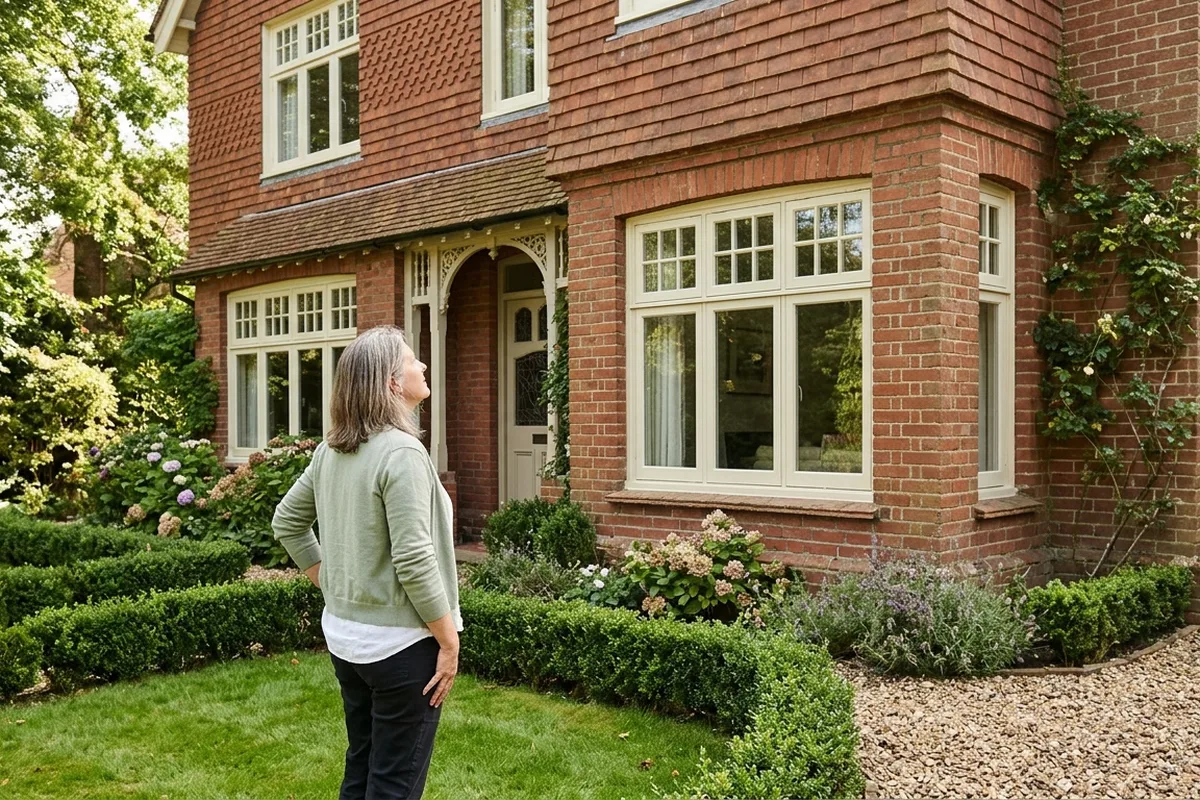 Woman on the lawn looking up at painted cream timber casements with small-paned top lights on an Edwardian red-brick house