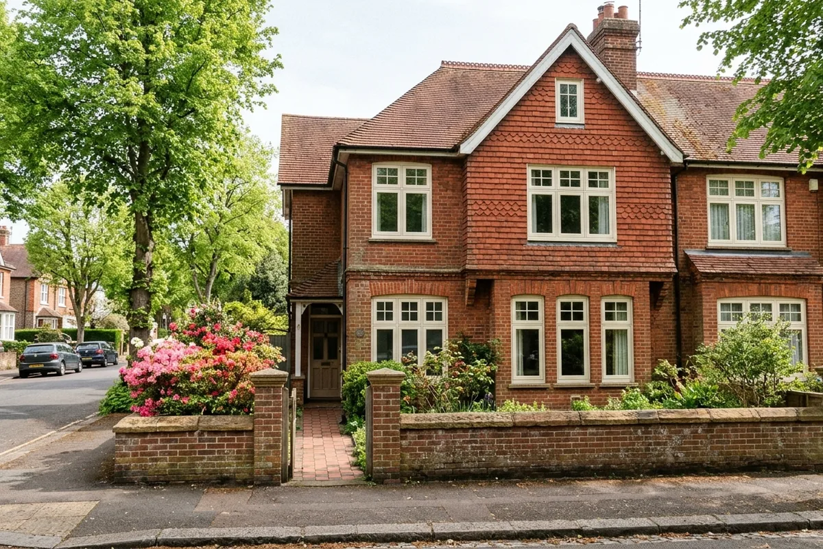 Edwardian red-brick and tile-hung semi-detached house with cream casement windows and small-paned top lights