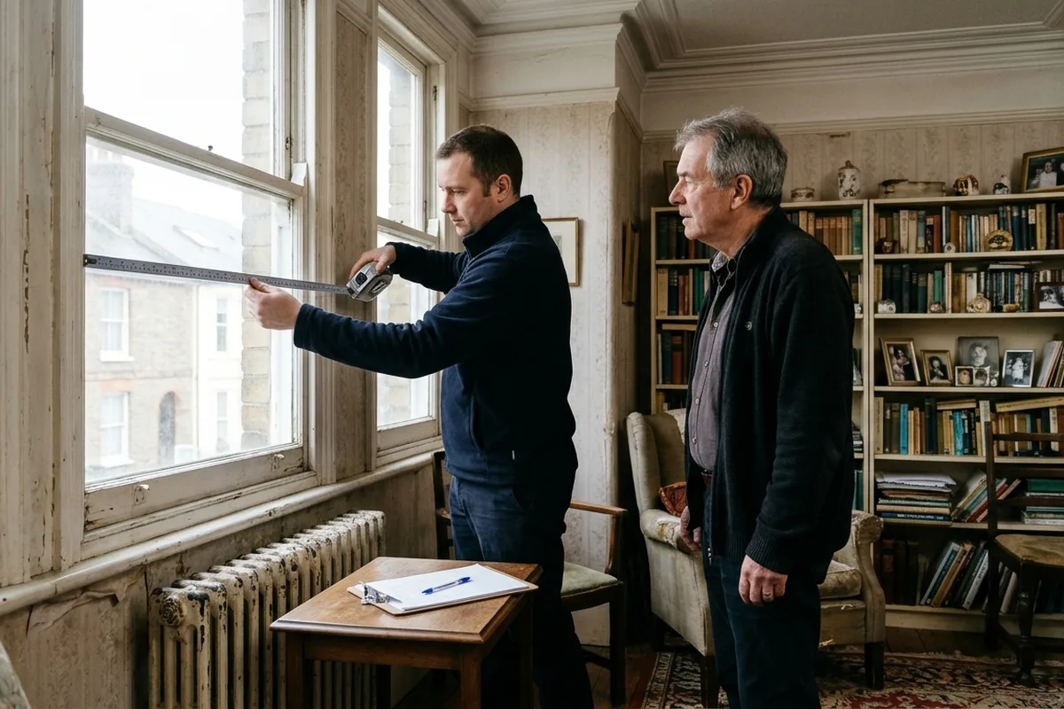 Surveyor measuring an old painted sash window with a tape while an older homeowner watches, in a book-lined sitting room
